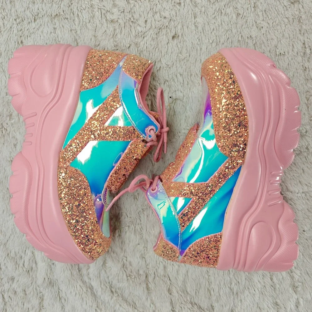 YRU Pink Holographic Glitter Chunky Platform Sneaker Shoe Sz7 Rave Festival Punk